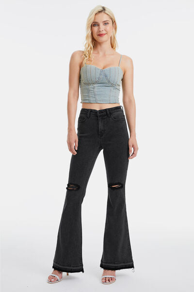 High Waist Distressed Raw Hem Flare Jeans Trendsi