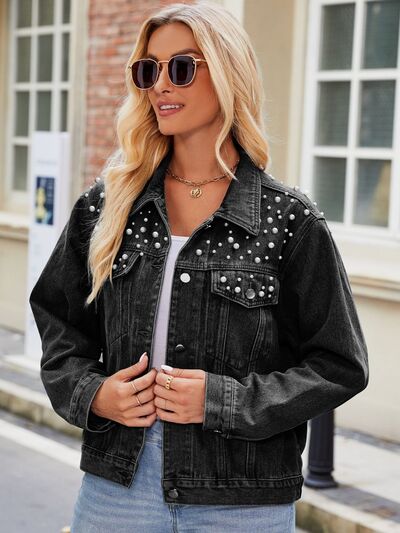 Pearl Detail Collared Neck Long Sleeve Denim Jacket Trendsi