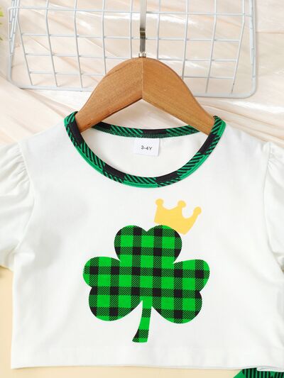 Kids Lucky Clover Round Neck Top and Plaid Pants Set Trendsi