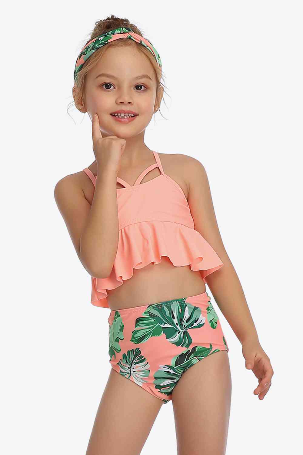 Botanical Print Crisscross Ruffled Two-Piece Swim Set Trendsi