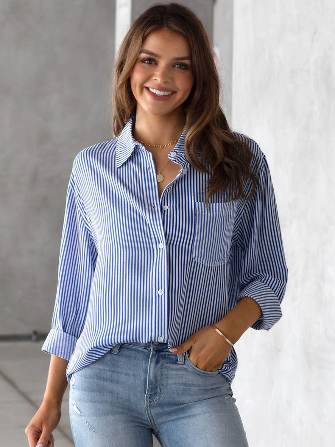 Striped Collared Neck Shirt with Pocket Trendsi