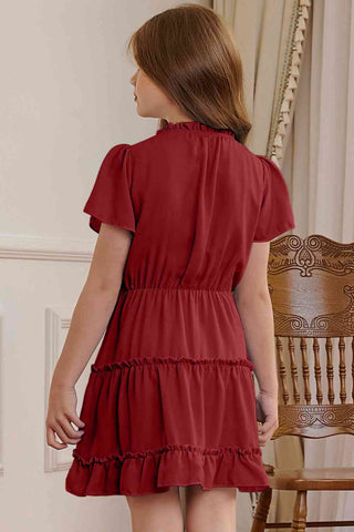 Girls Frilled Notched Neck Puff Sleeve Dress Trendsi