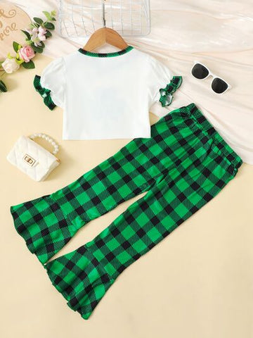 Kids Lucky Clover Round Neck Top and Plaid Pants Set Trendsi