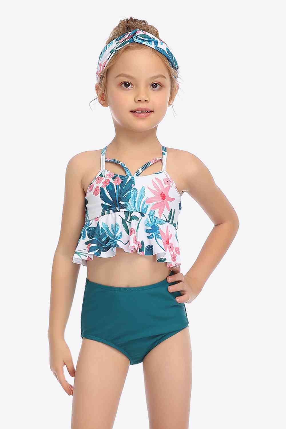 Botanical Print Crisscross Ruffled Two-Piece Swim Set Trendsi