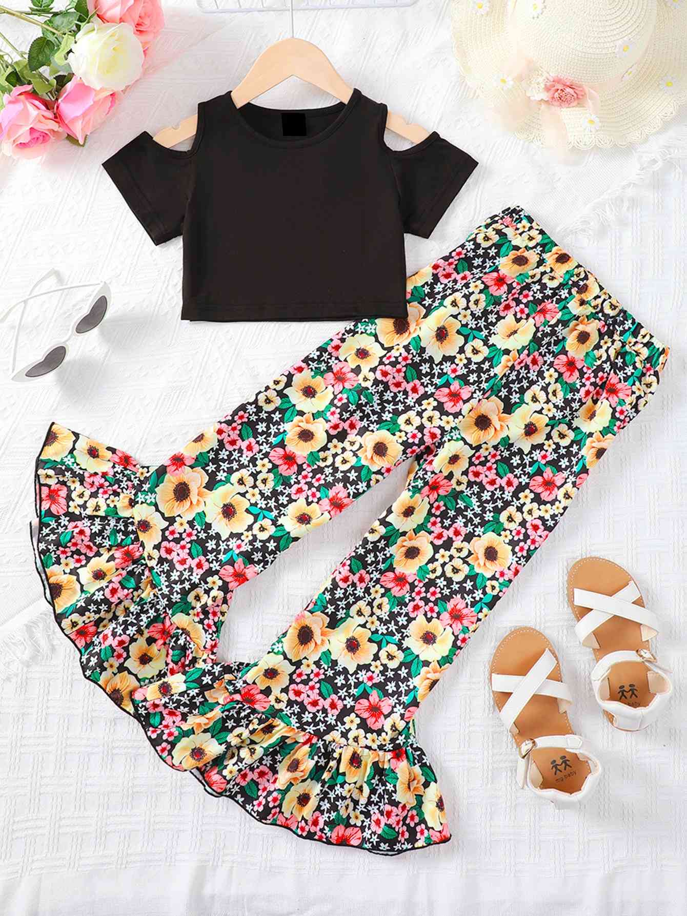 Kids Cold-Shoulder Top and Floral Flare Pants Set Trendsi