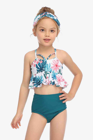 Botanical Print Crisscross Ruffled Two-Piece Swim Set Trendsi