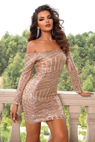 Off-Shoulder Long Sleeve Sequin Mini Dress Trendsi