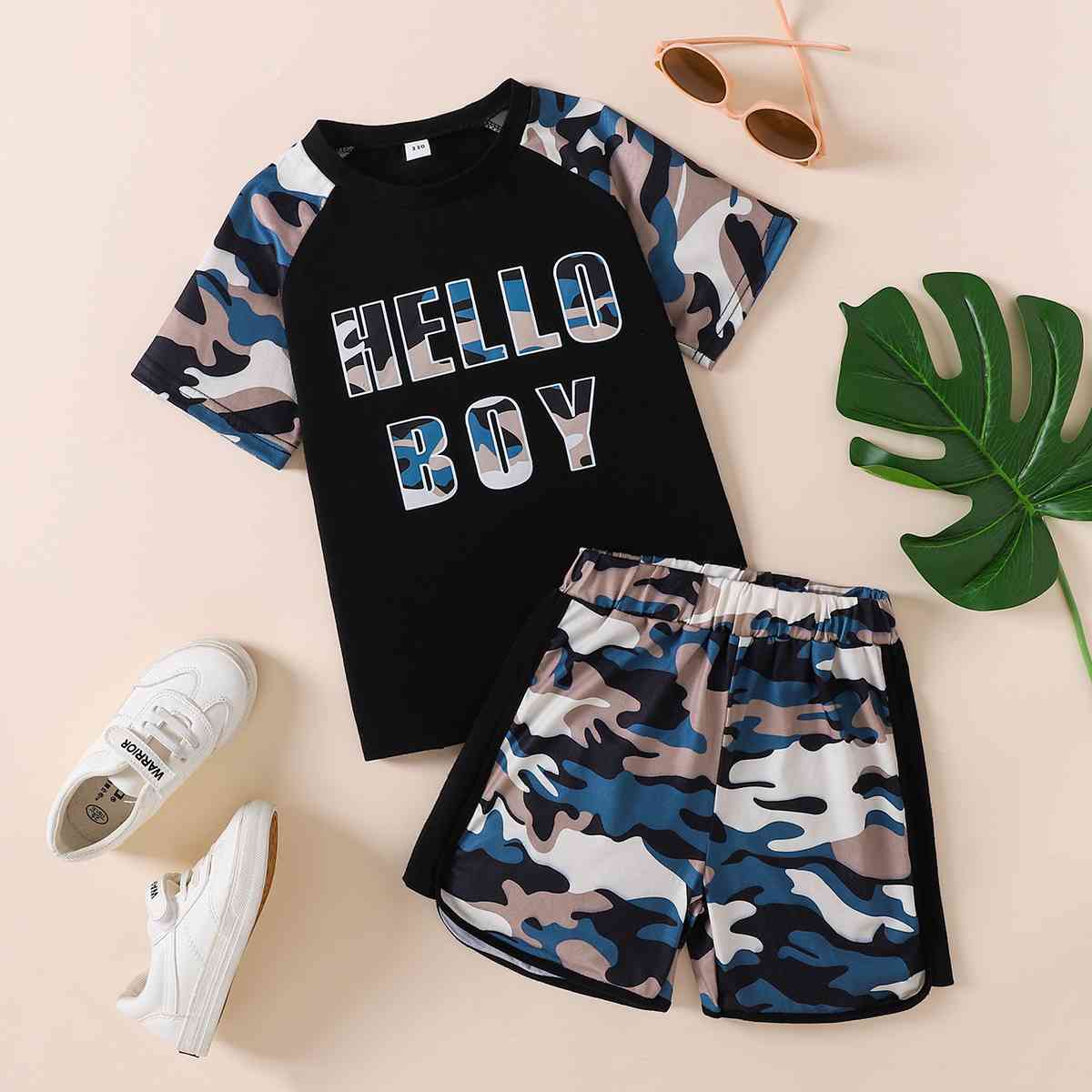 HELLO BOY Graphic Tee and Camouflage Shorts Set Trendsi