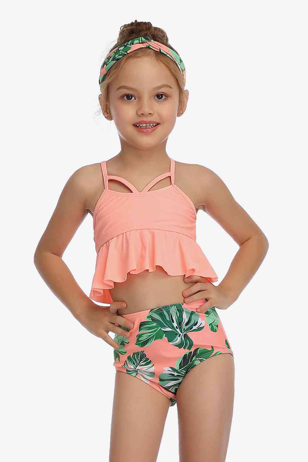 Botanical Print Crisscross Ruffled Two-Piece Swim Set Trendsi