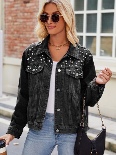 Pearl Detail Collared Neck Long Sleeve Denim Jacket Trendsi