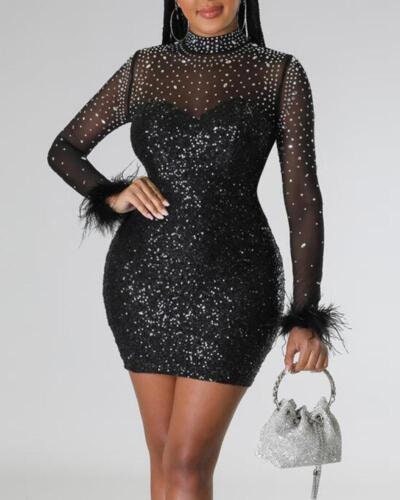 Rhinestone Sequin Decor Contrast Mesh Party Dress Fashion Boss 21