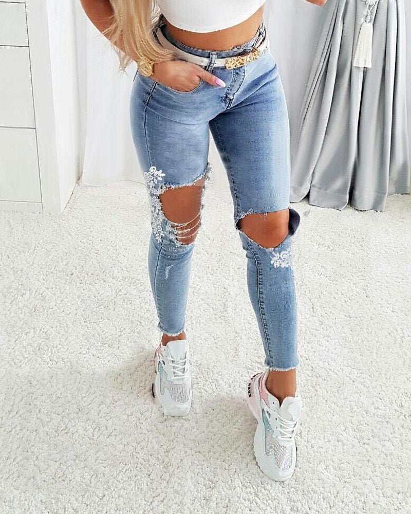 Lace Cutout Ripped Skinny Jeans Fashion Boss 21