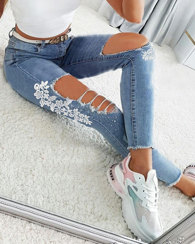 Lace Cutout Ripped Skinny Jeans Fashion Boss 21