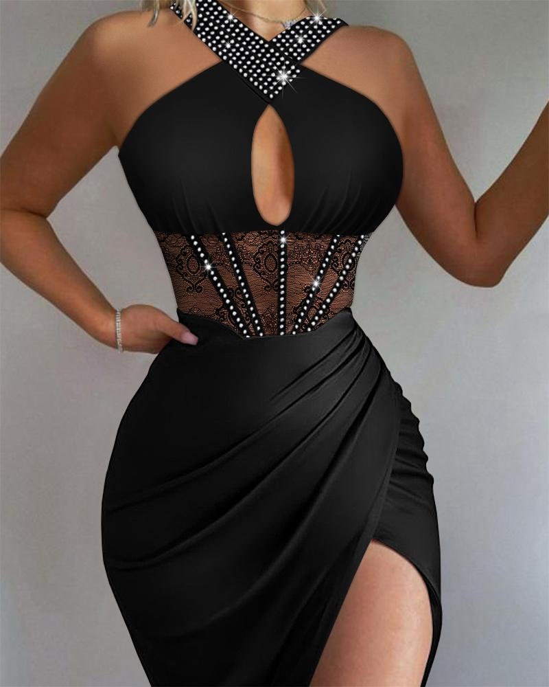 Rhinestone Ruched High Slit Contrast Lace Corset Dress Fashion Boss 21