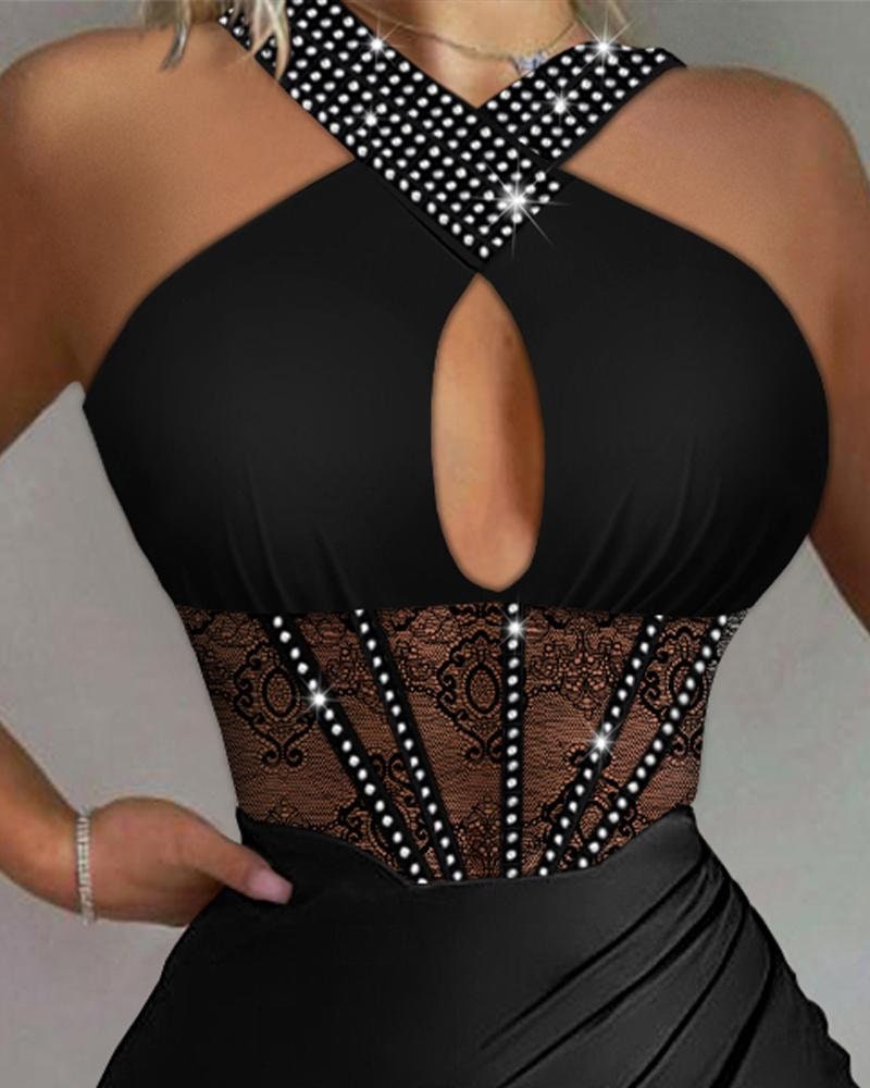 Rhinestone Ruched High Slit Contrast Lace Corset Dress Fashion Boss 21