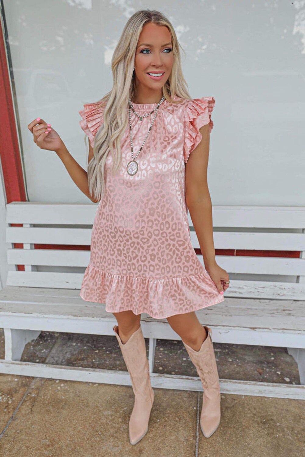 Pink Leopard Satin Ruffled Mini Dress Fashion Boss 21