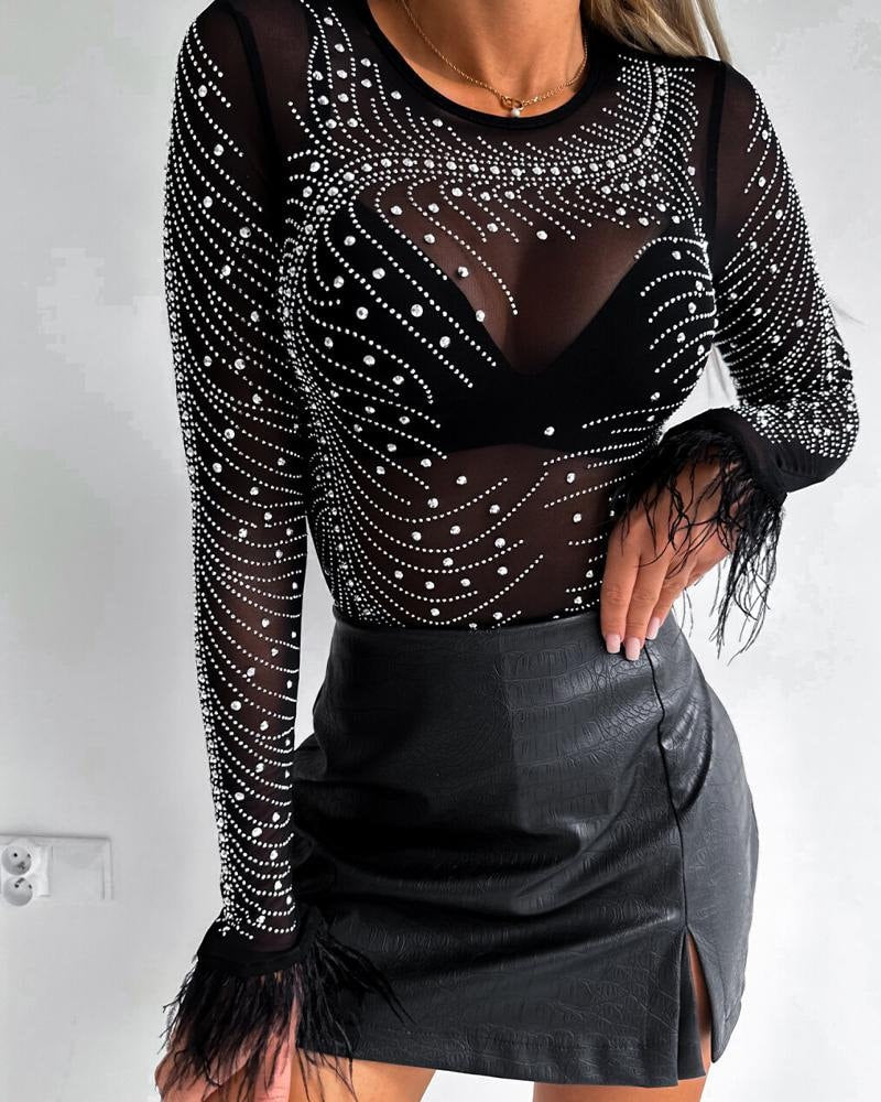 Rhinestone Decor Feather Trim Sheer Mesh Top Fashion Boss 21