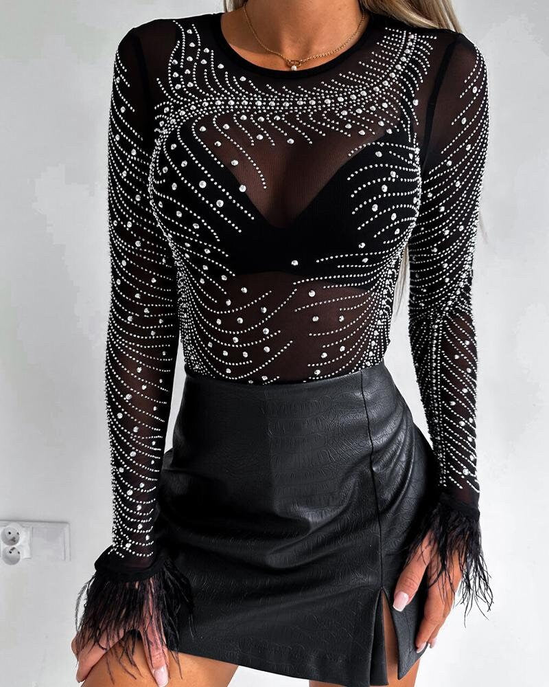 Rhinestone Decor Feather Trim Sheer Mesh Top Fashion Boss 21