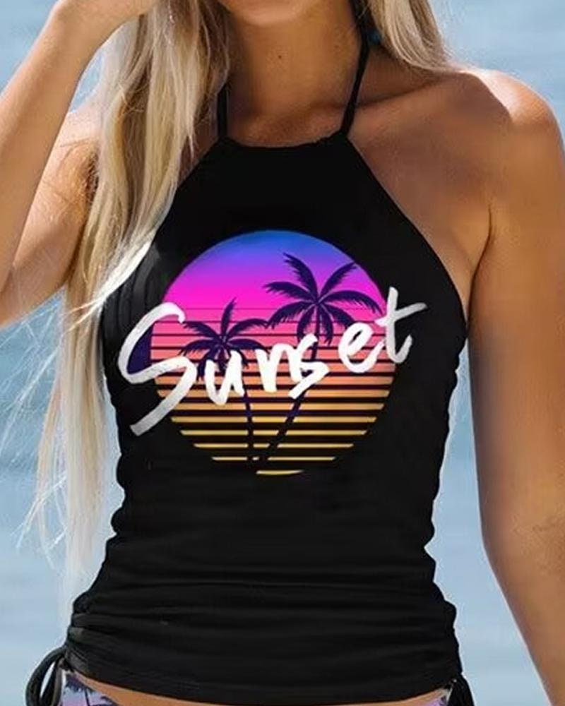 Sunset Ombre Coconut Tree Halter Tankini Set Fashion Boss 21