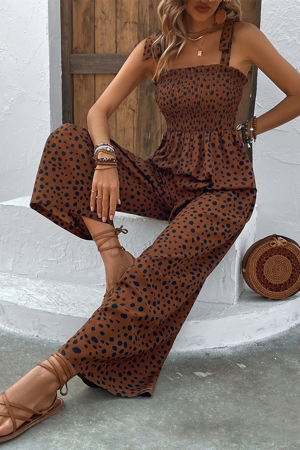 Cheetah Print Smocked Wide Leg Jumpsuit Fashion Boss 21
