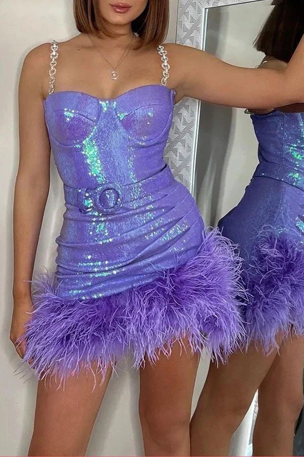 Purple Sequin Feather Mini Dress Fashion Boss 21